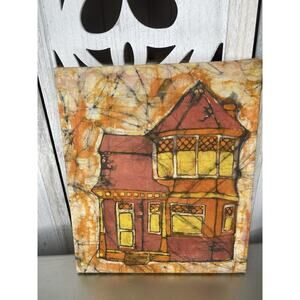 Vintage Tye Dye Art Watercolor Red Orange Unique Victorian House 70s Retro